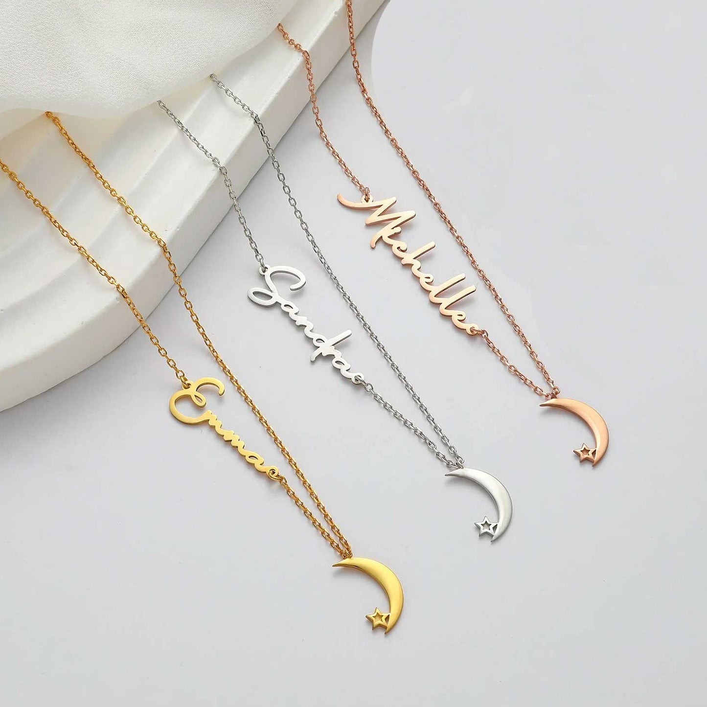 18 Carat Gold Crescent Moon Name Necklace - Personalized elegance meets celestial charm, symbolizing moonlit connections in the heart of the UAE.