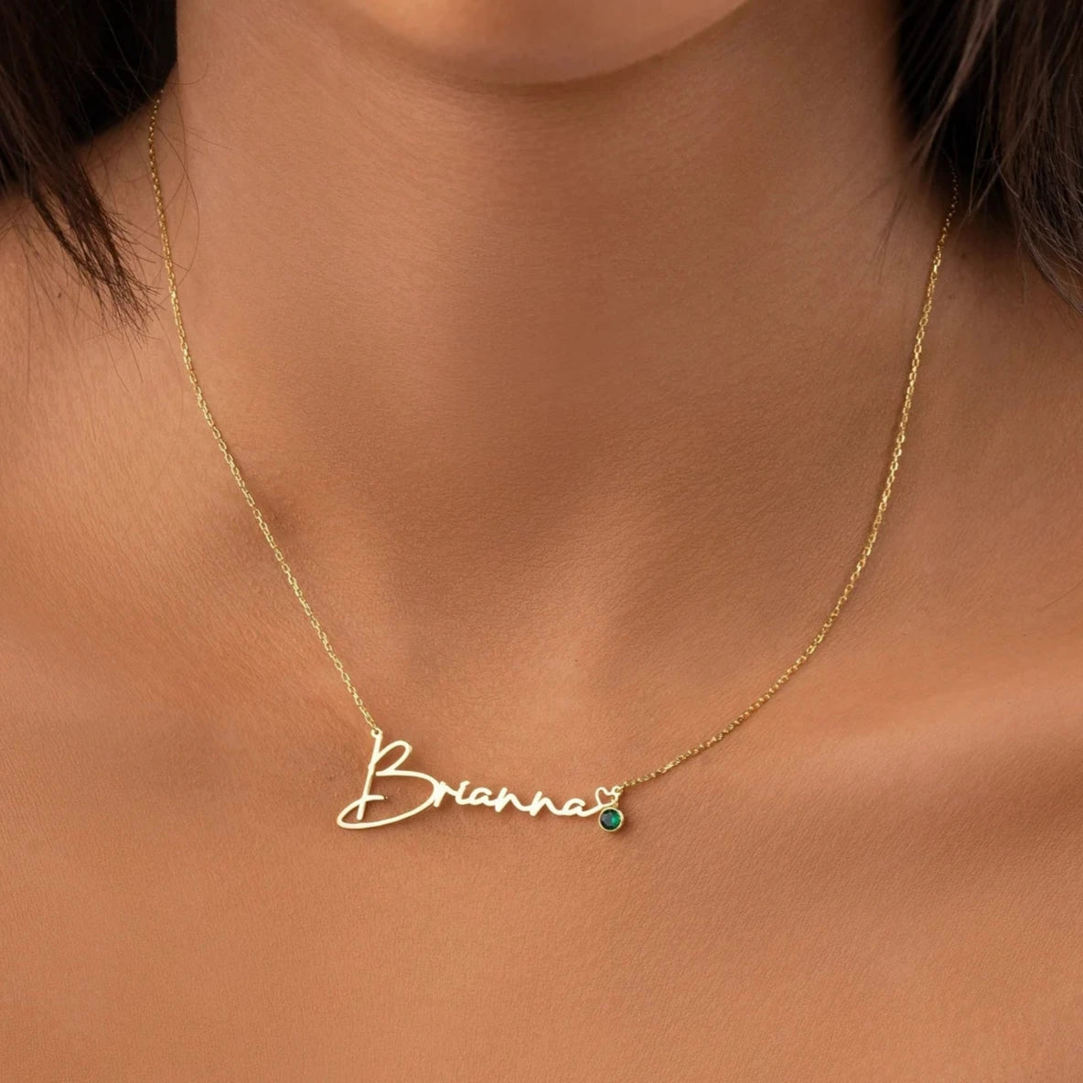 Artisan-crafted Name Necklace with Tiny Heart and Birthstone, designed in the UAE—click to personalize a keepsake for someone special!