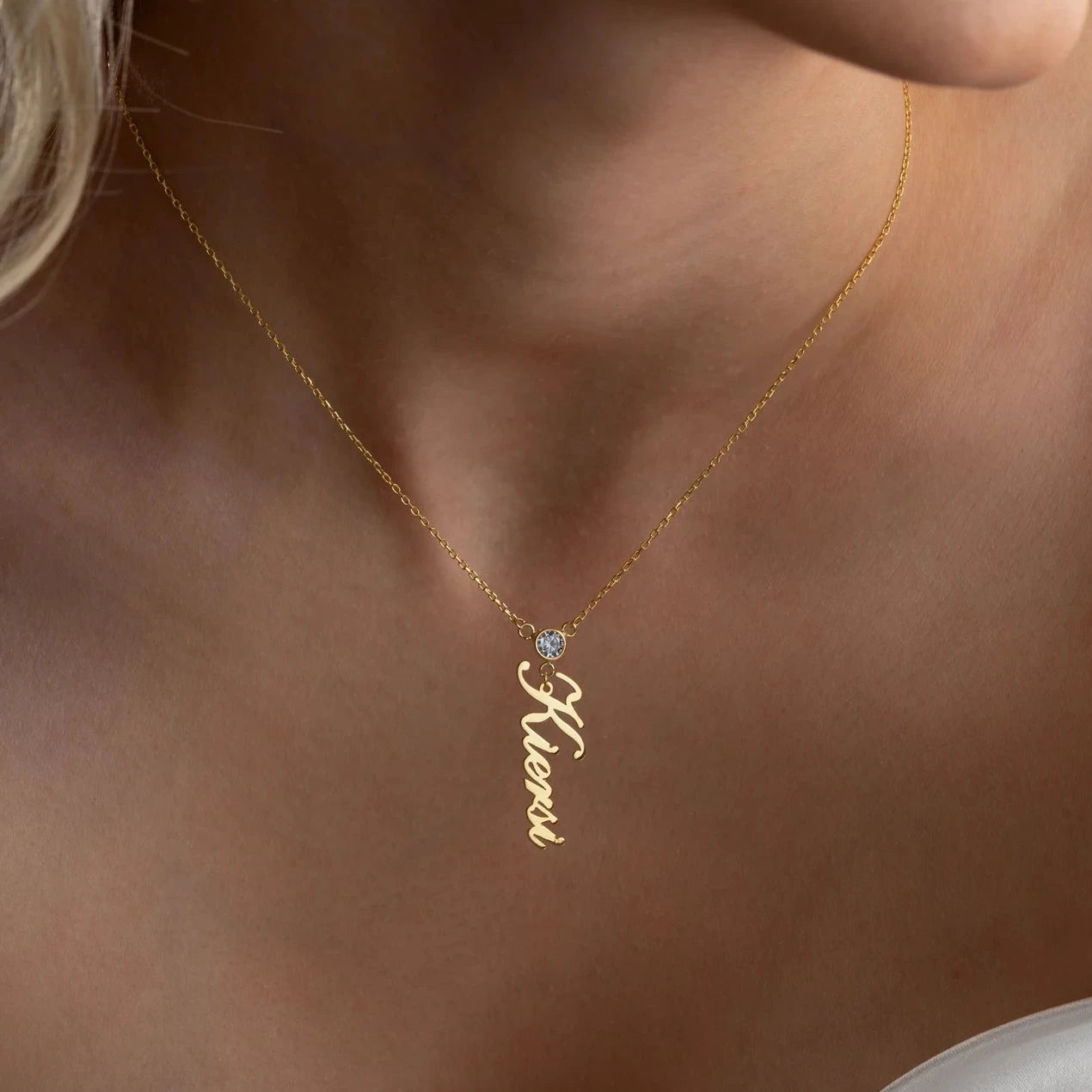 Order a stunning vertical name necklace with birthstone charm in UAE