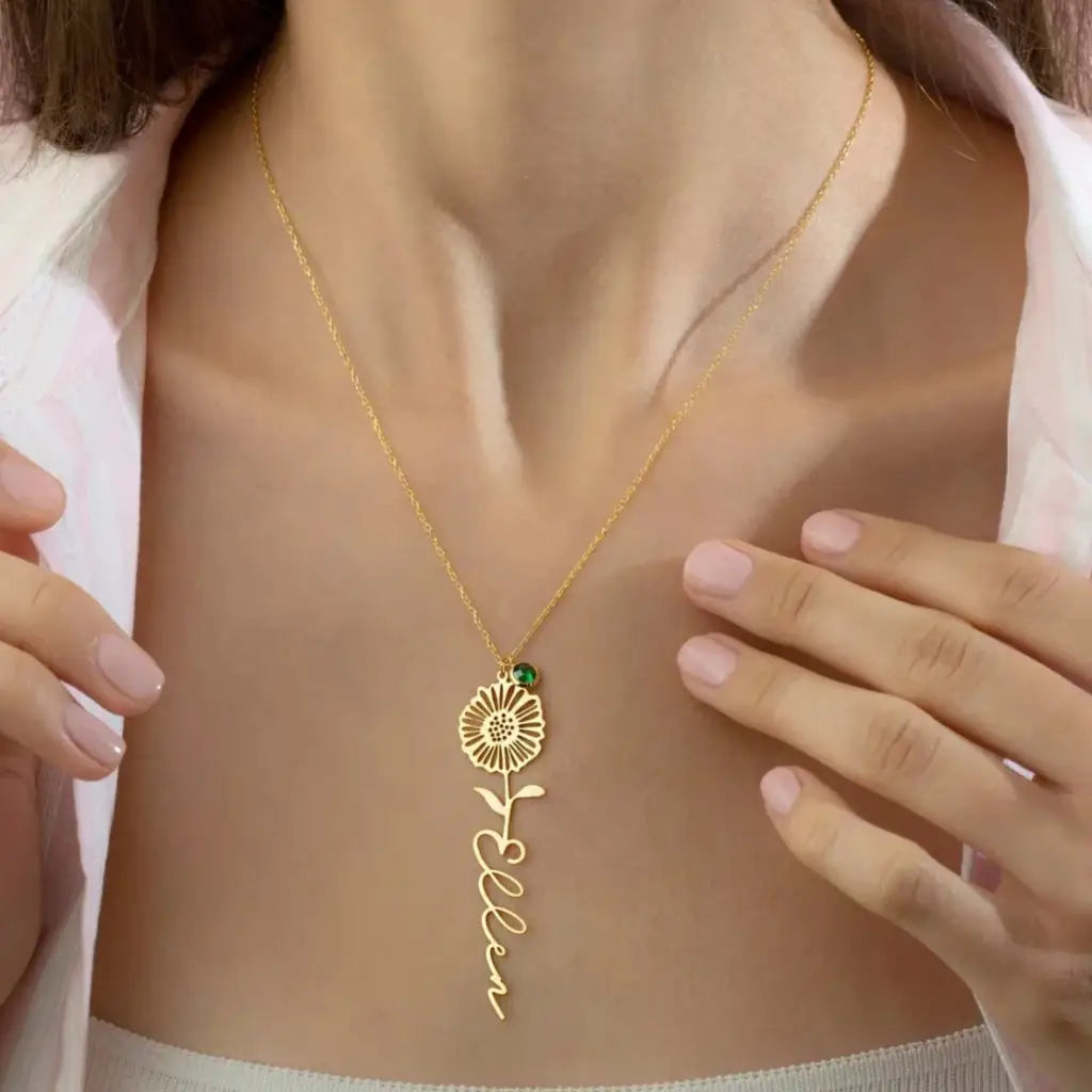 Gold Name Birth Flower With Birthstone Necklace Designed and handcrafted in the UAE.v
