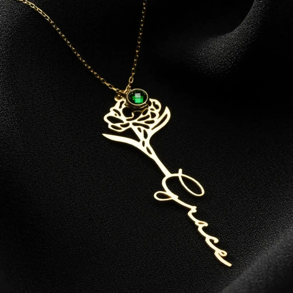 Gold Name Birth Flower With Birthstone Necklace Designed and handcrafted in the UAE.