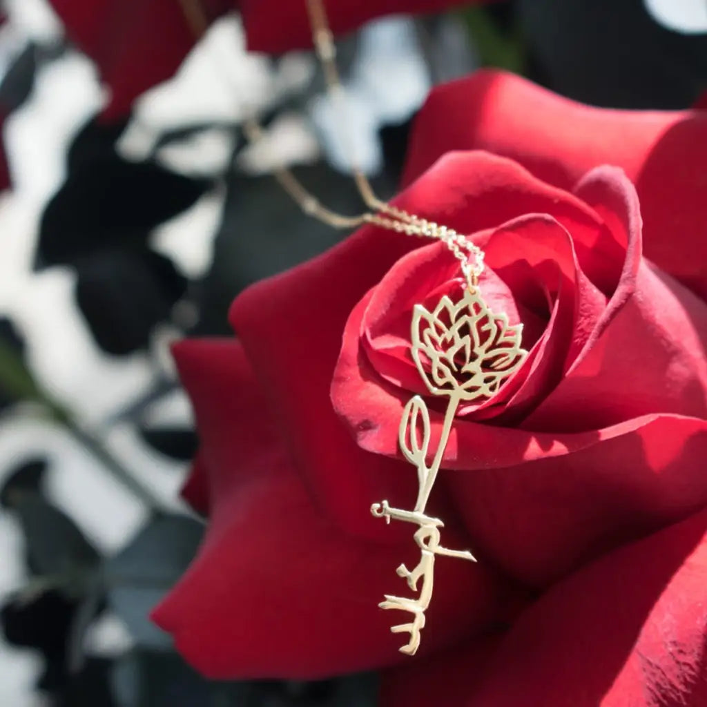 Gold Name Birth Flower With Birthstone Necklace Designed and handcrafted in the UAE.