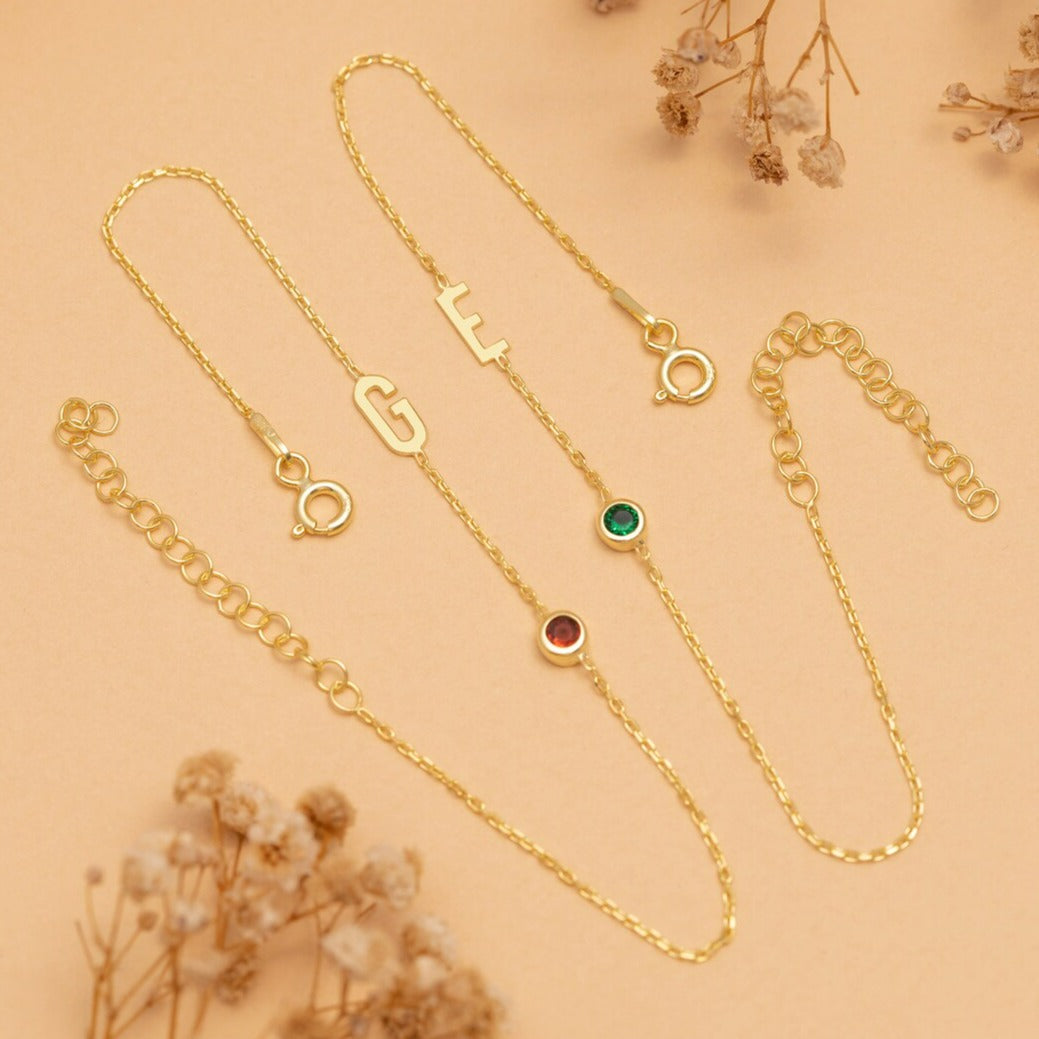 Initial letter birthstone bracelet, anniversary gift for women, birthday gift for her. Handcrafted in Dubai, UAE.