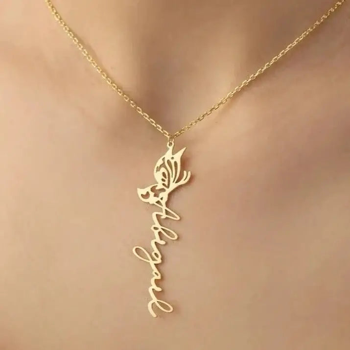 18K Gold Name Butterfly Necklace Designed and handcrafted in the UAE.