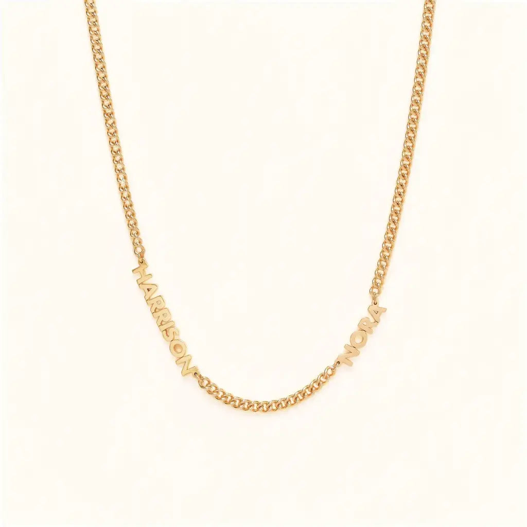 Luxury gold double name necklace made of genuine 18k solid gold and personalized with the names/words of your choice. A thoughtful luxury anniversary gift for your boyfriend or husband, and the perfect expensive birthday gift for a father or a brother.