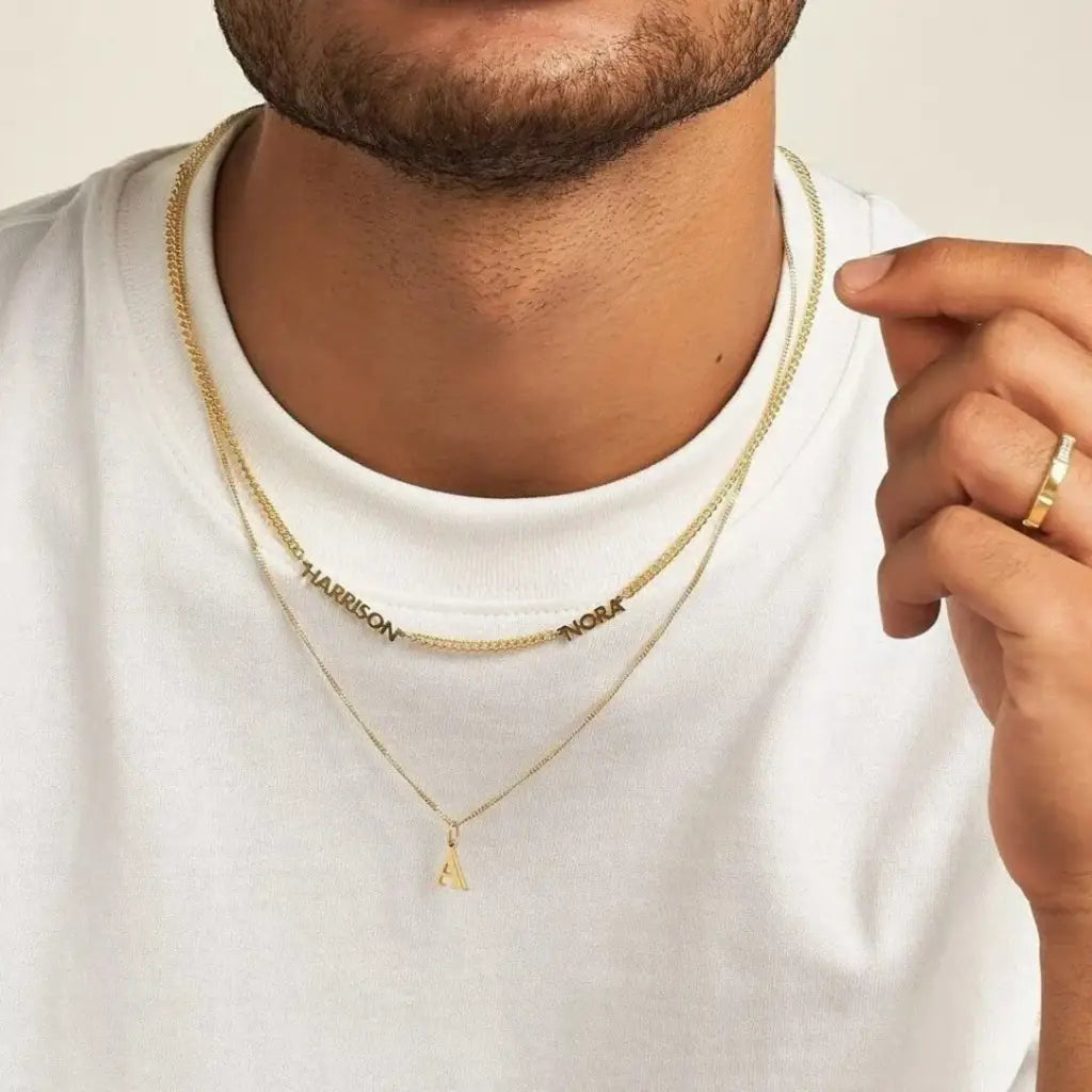 Luxury gold double name necklace made of genuine 18k solid gold and personalized with the names/words of your choice. A thoughtful luxury anniversary gift for your boyfriend or husband, and the perfect expensive birthday gift for a father or a brother.