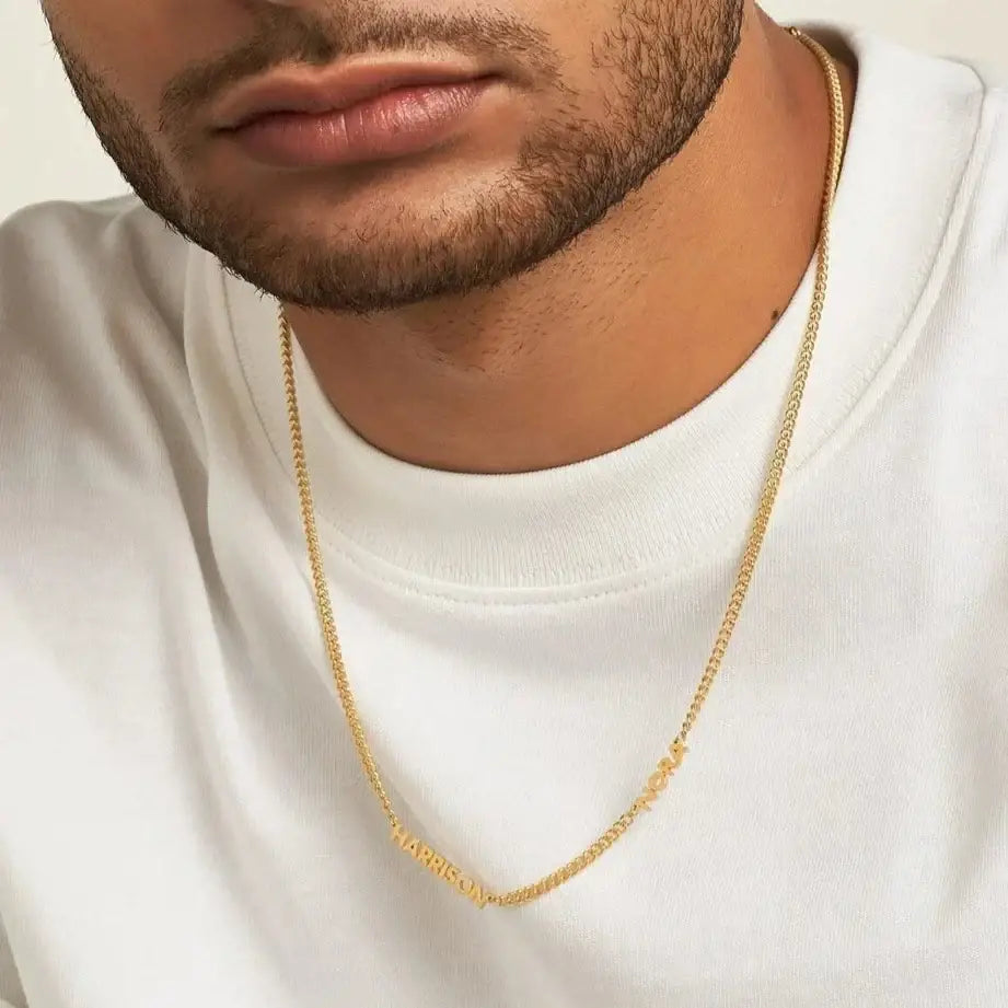 Luxury gold double name necklace made of genuine 18k solid gold and personalized with the names/words of your choice. A thoughtful luxury anniversary gift for your boyfriend or husband, and the perfect expensive birthday gift for a father or a brother.