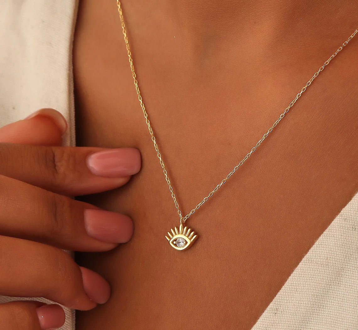 18 Carat Gold Tiny Evil Eye Necklace - Stylish Protection with Cultural Significance