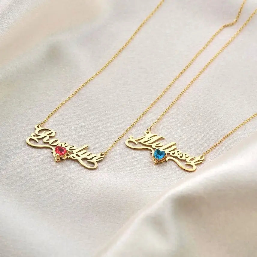 Gold Heart-shaped Birthstone Necklace - available in gold. Made in real gold, this birthstone heart-shaped name necklace is locally handcrafted with the highest quality materials and artisans available in Dubai. Great addition to your jewelry collection and is also the ideal gift for a loved one.