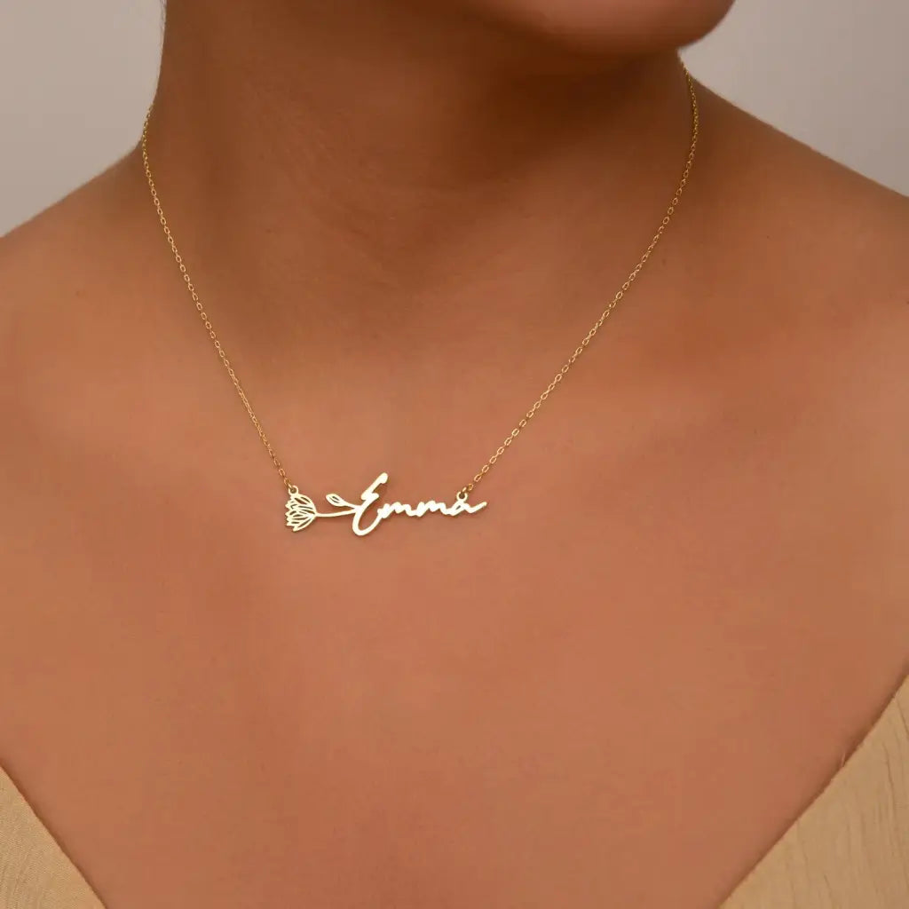 Gold Horizontal Birth Flower Necklace Designed and handcrafted in the UAE.