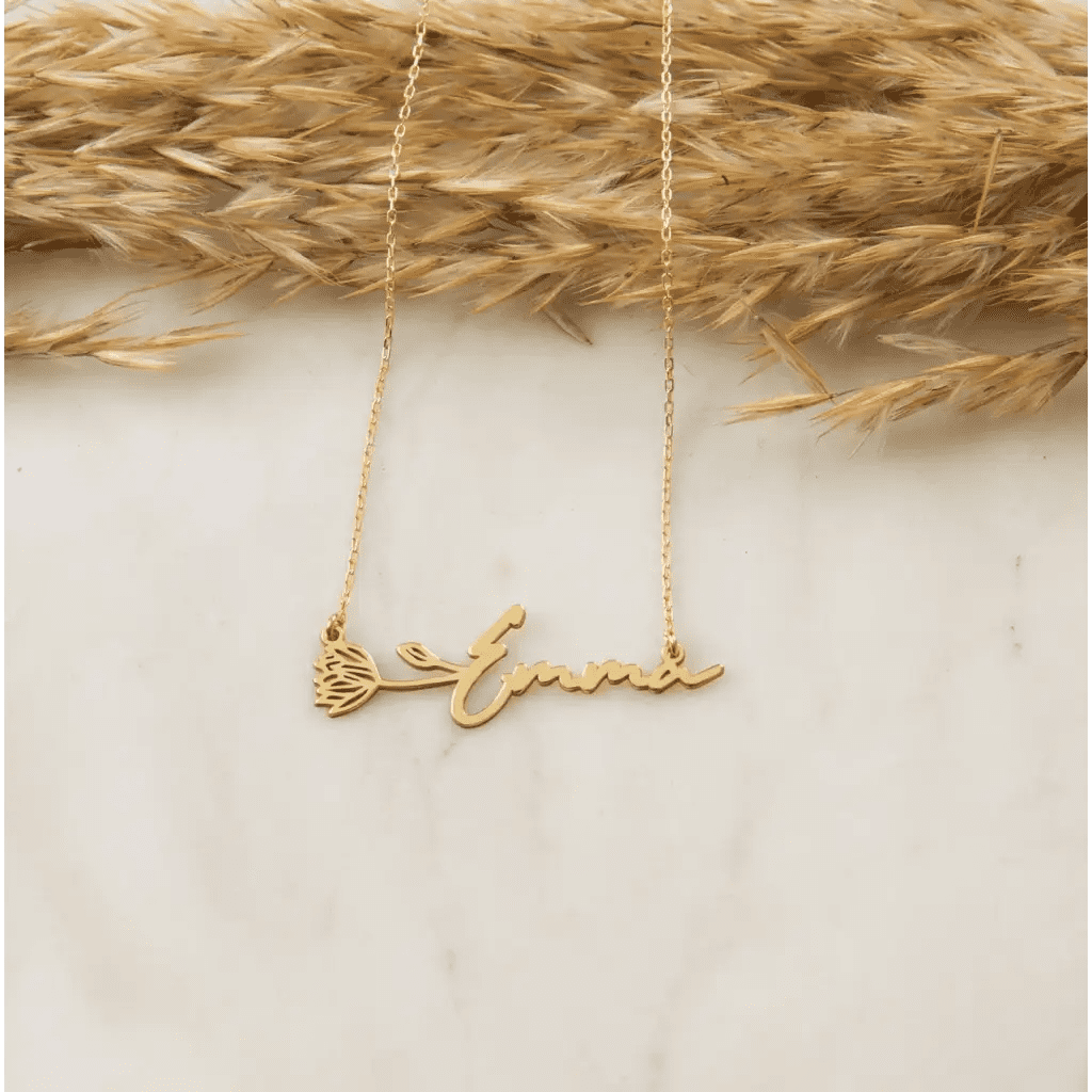 Gold Horizontal Birth Flower Necklace Designed and handcrafted in the UAE.