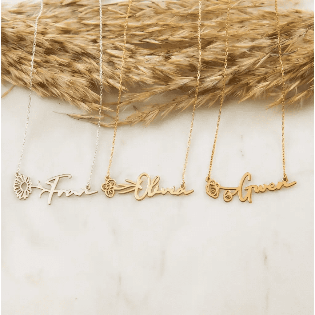 Gold Horizontal Birth Flower Necklace Designed and handcrafted in the UAE.