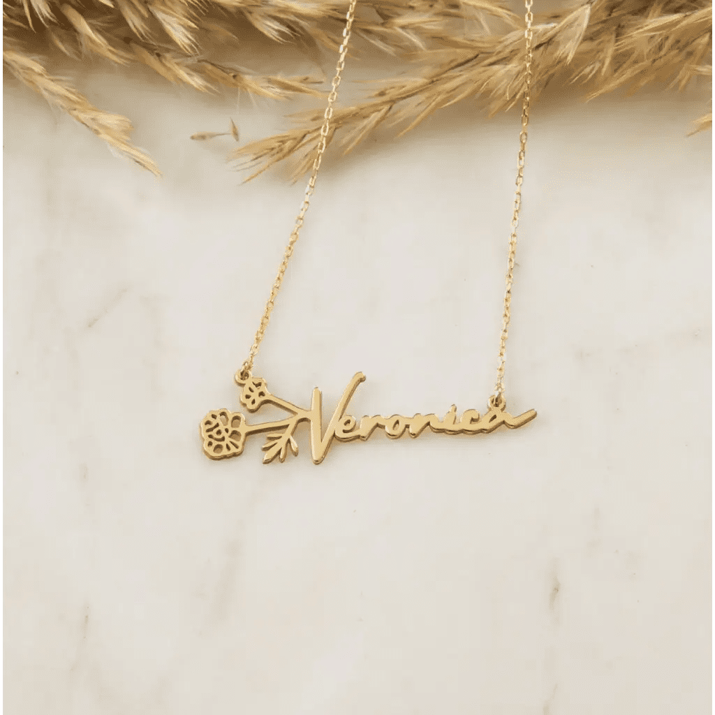 Gold Horizontal Birth Flower Necklace Designed and handcrafted in the UAE.