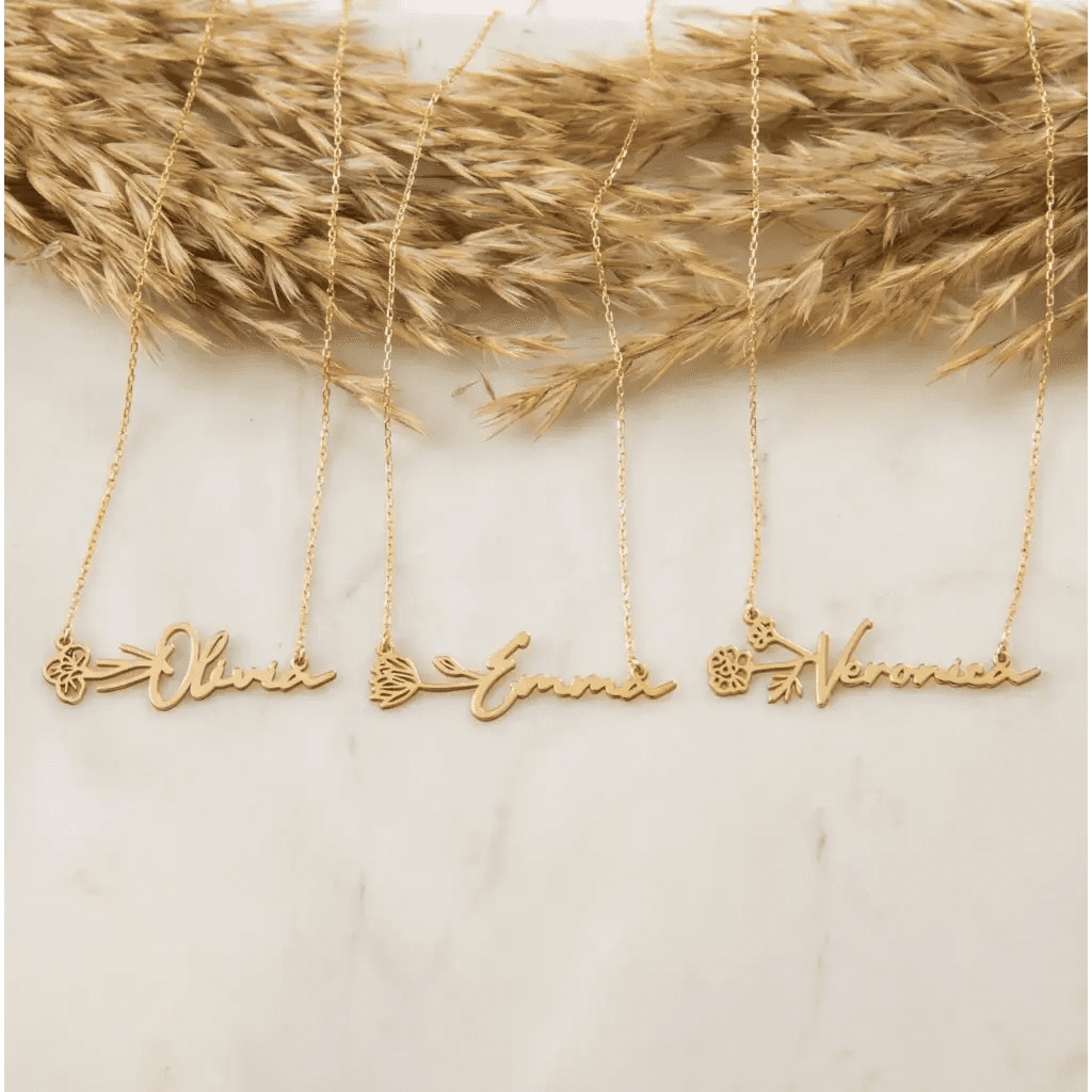 Gold Horizontal Birth Flower Necklace Designed and handcrafted in the UAE.