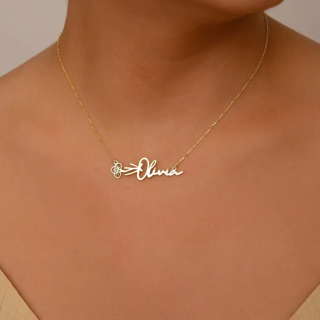 Gold Horizontal Birth Flower Necklace Designed and handcrafted in the UAE.