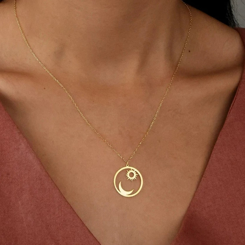 18 Carat Gold Sun and Moon Necklace - A celestial masterpiece inspired by Arabian nights, crafted for timeless elegance.