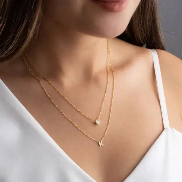 Gold Double Strand Initial Birthstone Necklace - made in real gold. Designed in the United Arab Emirates.