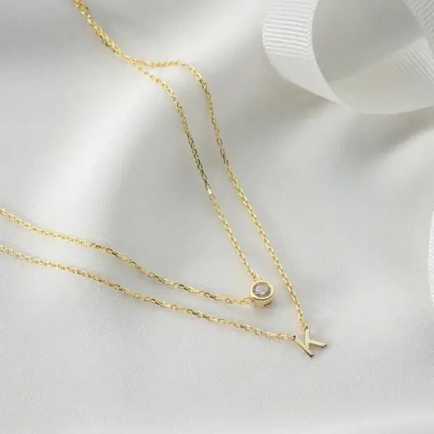 Gold Double Strand Initial Birthstone Necklace - made in real gold. Designed in the United Arab Emirates.