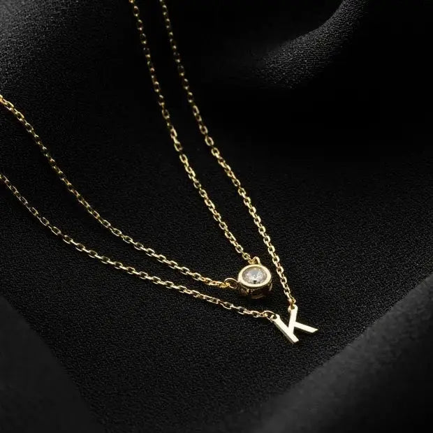 Gold Double Strand Initial Birthstone Necklace - made in real gold. Designed in the United Arab Emirates.