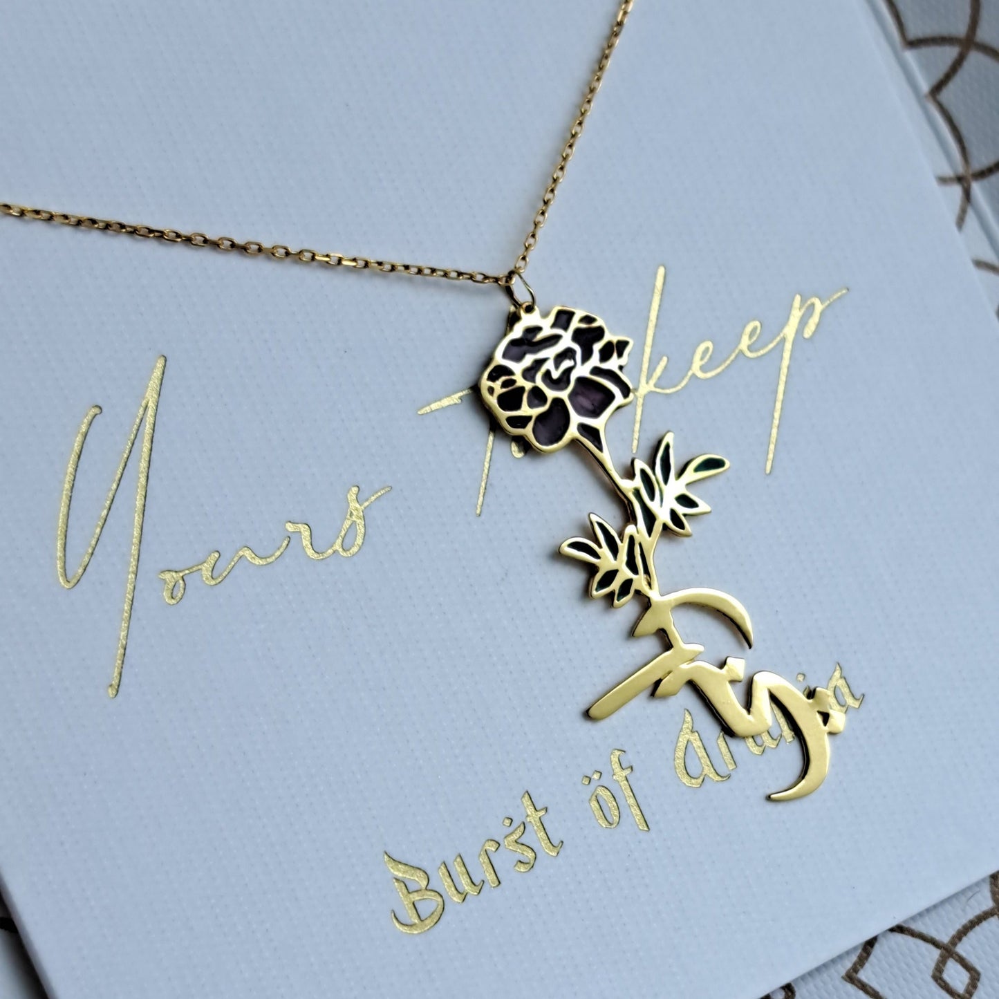Birth flower name necklace, designed in 18 carat gold in Dubai, UAE