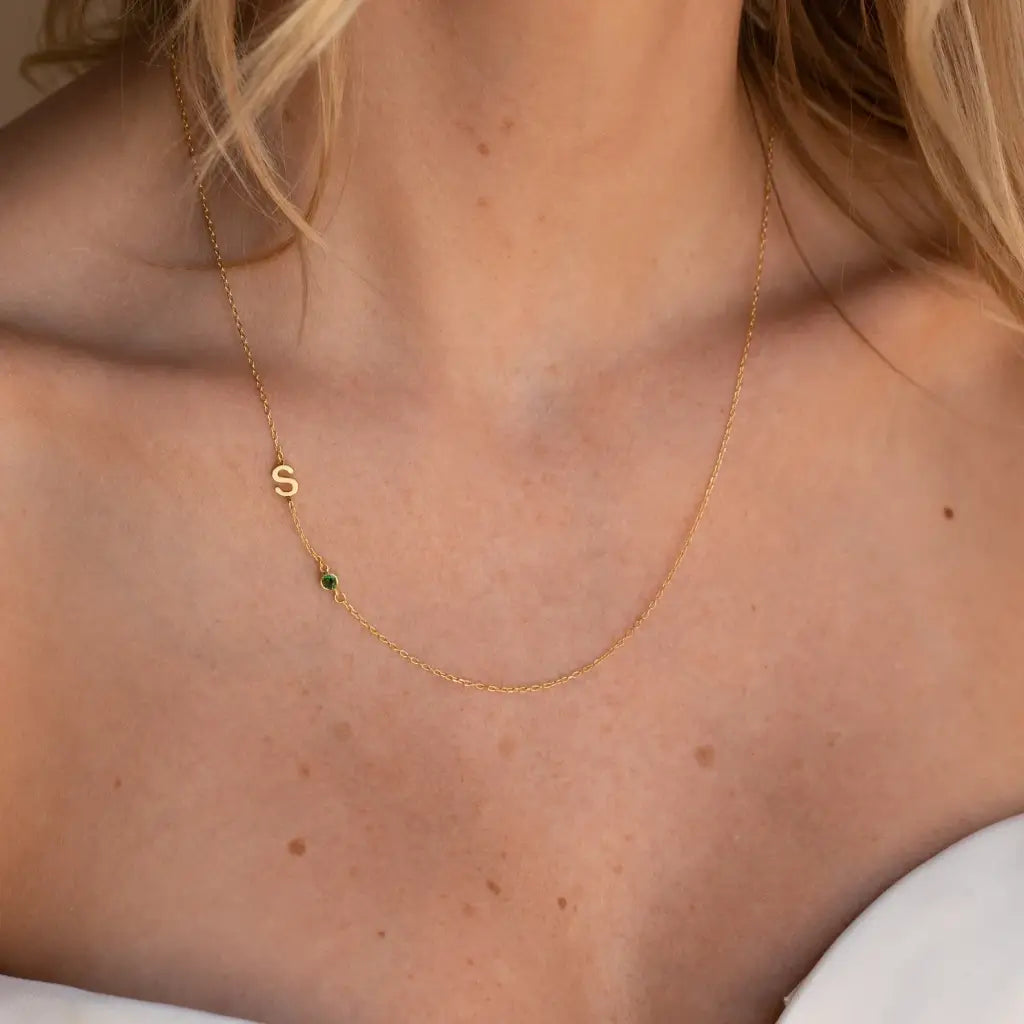 Personalized Sideways Initial Birthstone Necklace