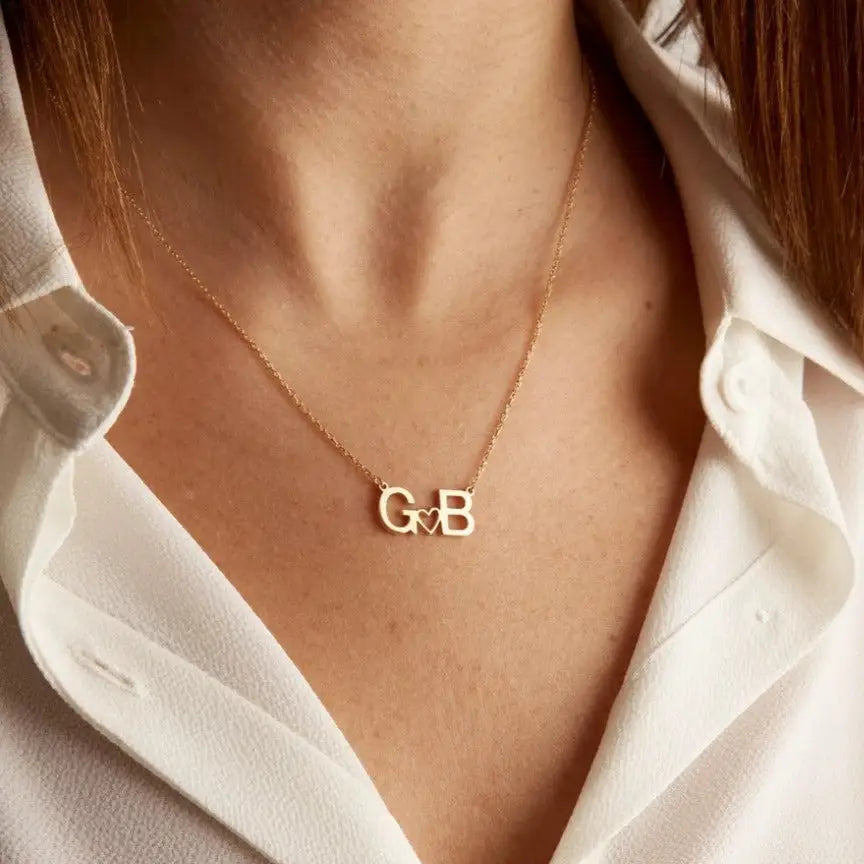Gold Two Letters Heart Necklace Personalized, designed and handcrafted in the UAE.