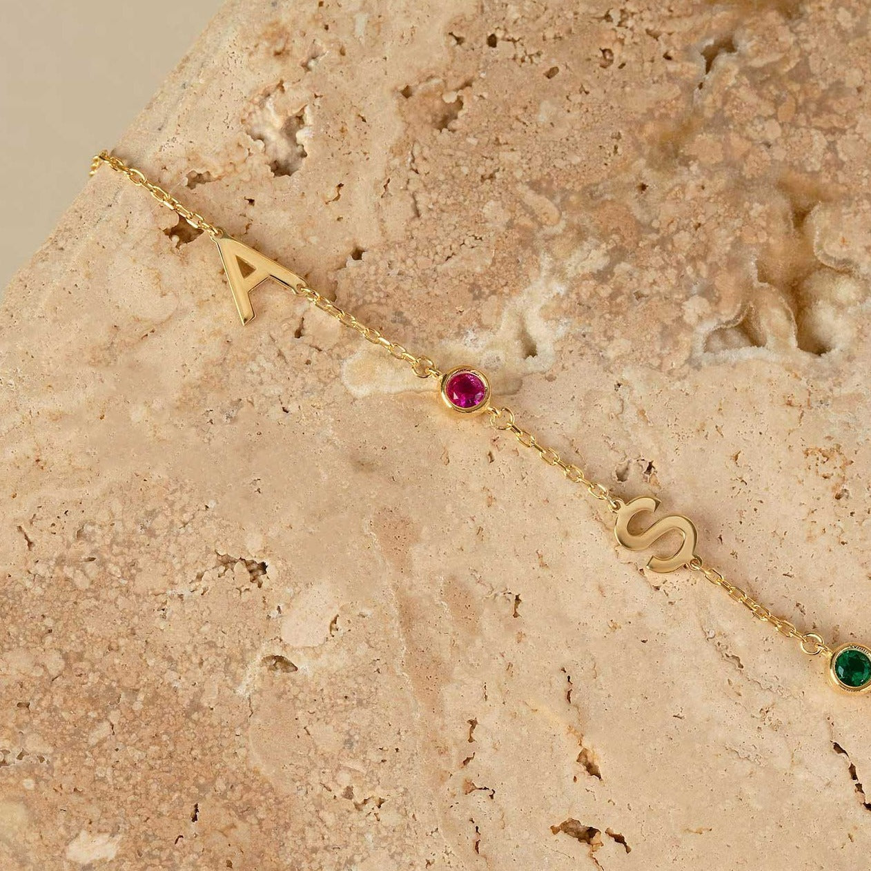 Two initial letter birthstone bracelet, anniversary gift for women, birthday gift for her. Handcrafted in Dubai, UAE.