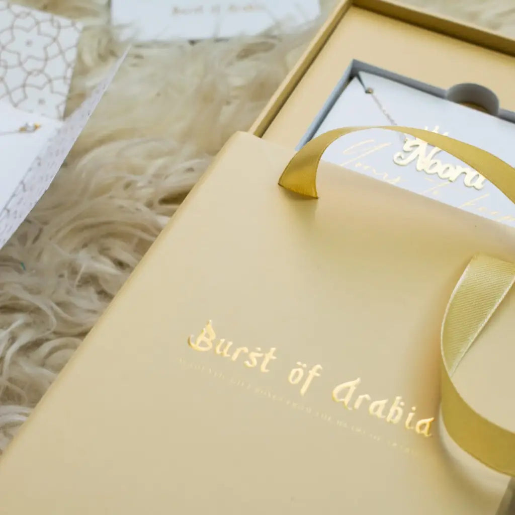 Gold Birth Flower Name Necklace made in real gold. Designed and handcrafted in the UAE. This gold birth flower Arabic name pendant is locally handcrafted with the highest quality materials and artisans available in Dubai.