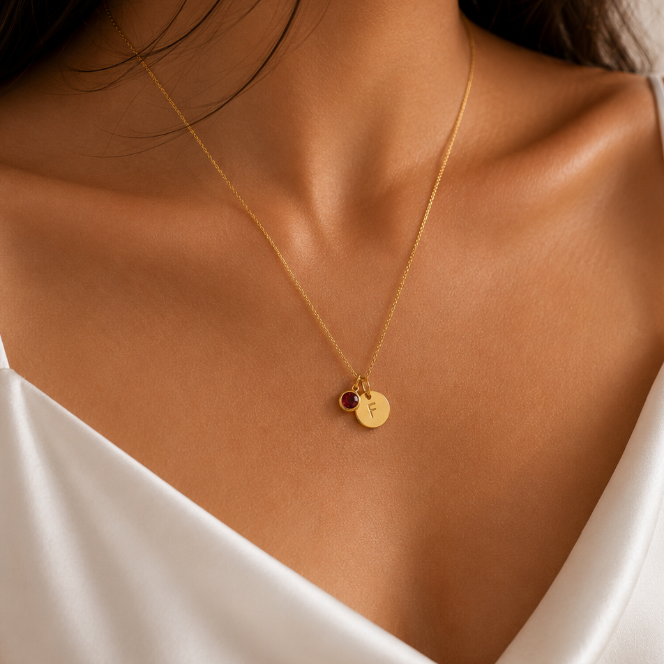 Woman wearing a personalised Alphabet Initial Birthstone Necklace in solid 18K yellow gold with a white satin dress.