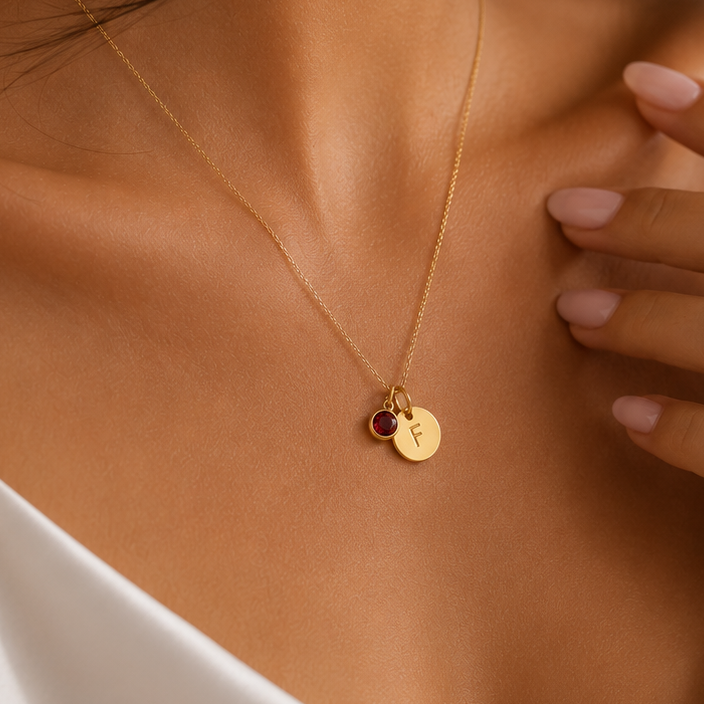 Close-up of a personalised Alphabet Initial Birthstone Necklace featuring an engraved initial charm and ruby birthstone in solid 18K gold.