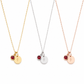 Alphabet Initial Birthstone Necklace available in solid 18K yellow gold, white gold and rose gold on a white background.