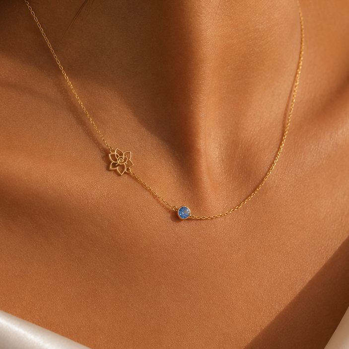 Birth Flower & Birthstone Necklace handcrafted in solid 18K gold. Personalise with your birth flower and birthstone. Available in yellow, white and rose gold.