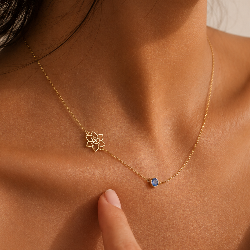 Birth Flower & Birthstone Necklace designed in 18k gold, handcrafted in in the UAE 