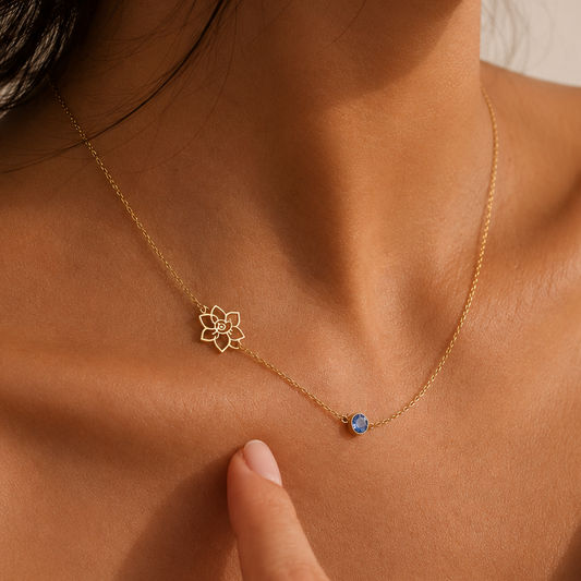Birth Flower & Birthstone Necklace designed in 18k gold, handcrafted in in the UAE