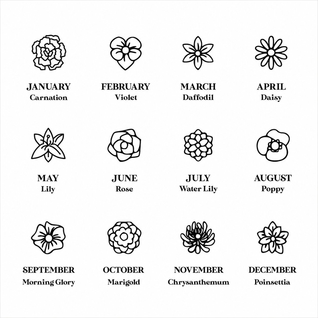 A black-and-white calendar-style grid showing 12 flower line drawings, each paired with its month name and common synonym: January Carnation, February Violet, March Daffodil, April Daisy, May Lily, June Rose, July Water Lily, August Poppy, September Morning Glory, October Marigold, November Chrysanthemum, and December Poinsettia.