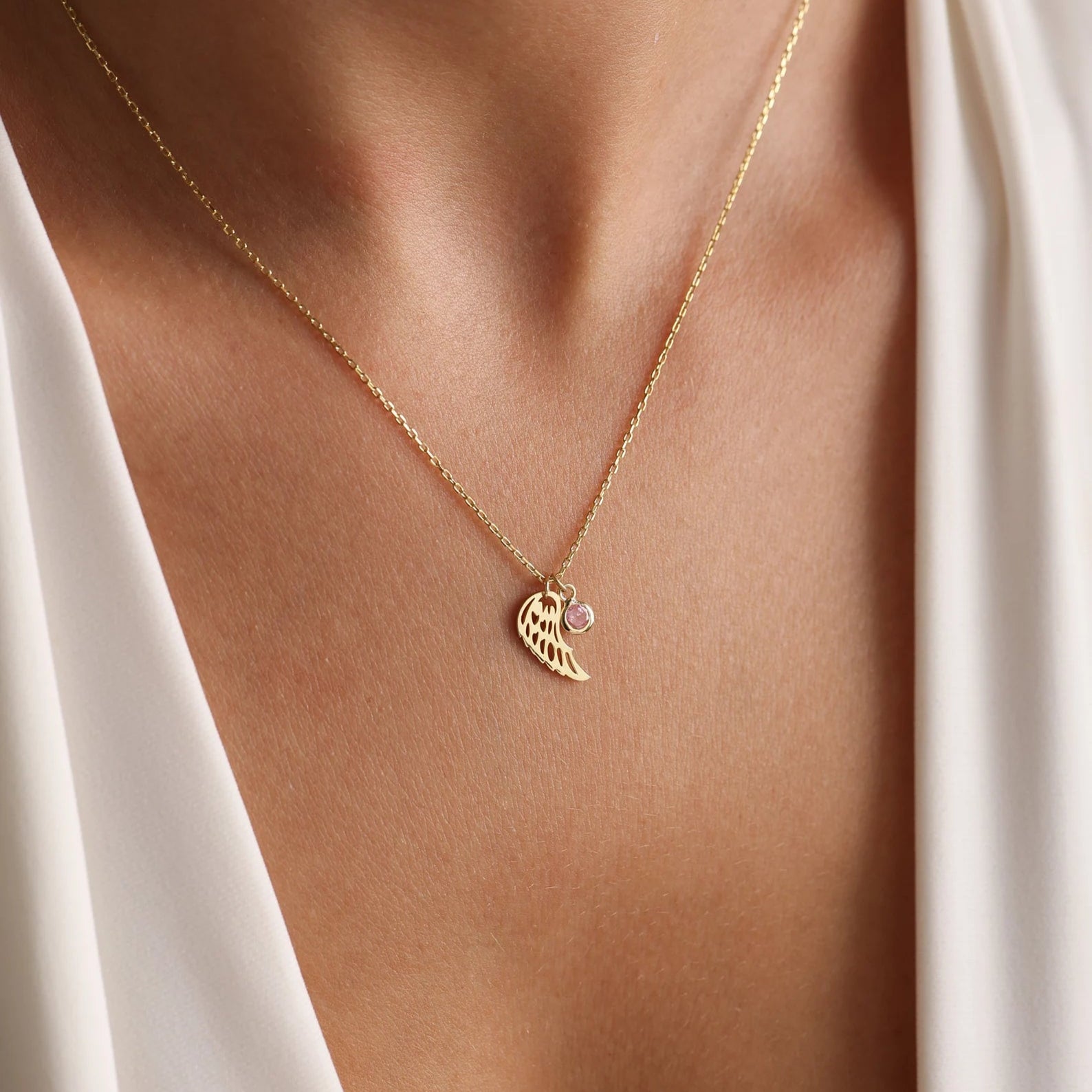 Personalized Angel Wing Necklace with Birthstone in 18K Gold