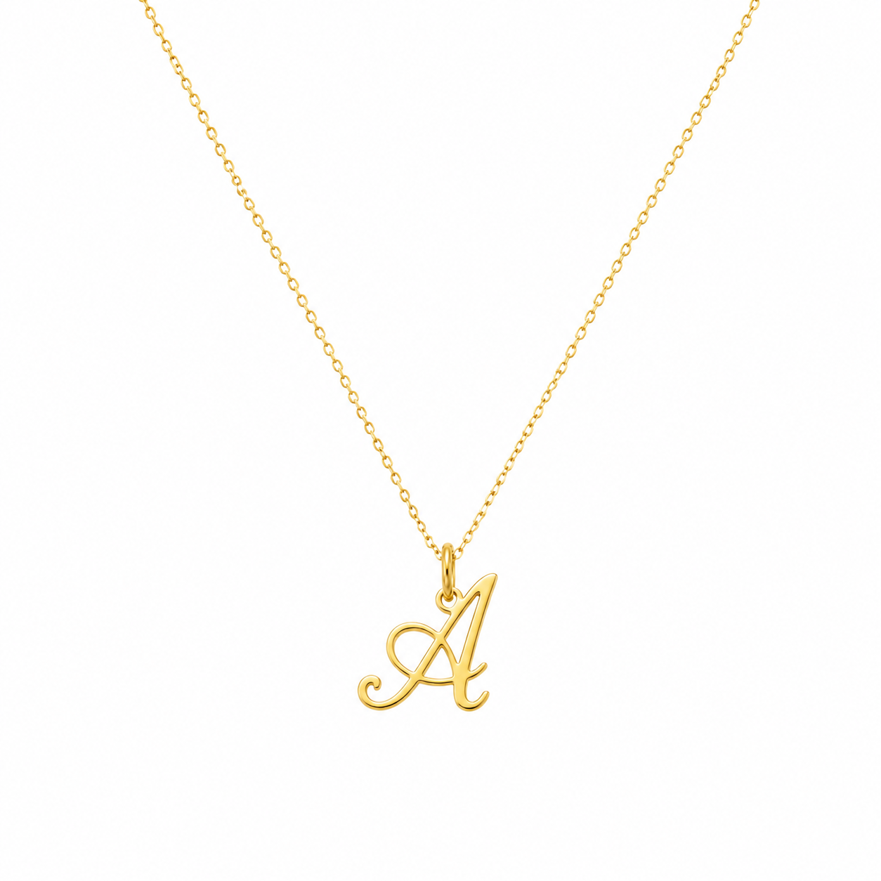 A delicate gold chain necklace featuring a polished script letter 'A' pendant, displayed against a solid white background.