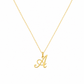 A delicate gold chain necklace featuring a polished script letter 'A' pendant, displayed against a solid white background.