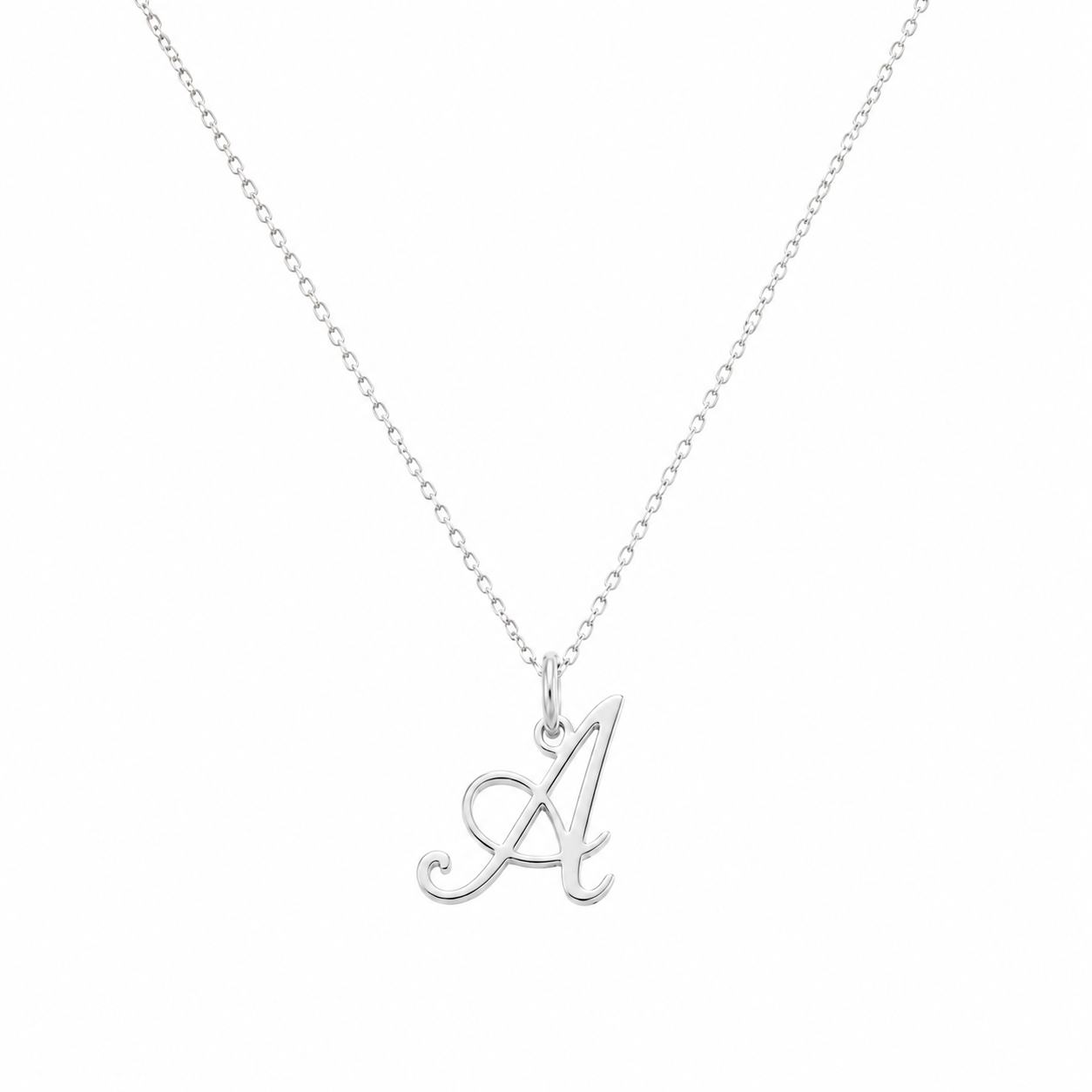 A silver initial necklace featuring a cursive script letter 'A' pendant on a delicate cable chain, shown against a plain white background.