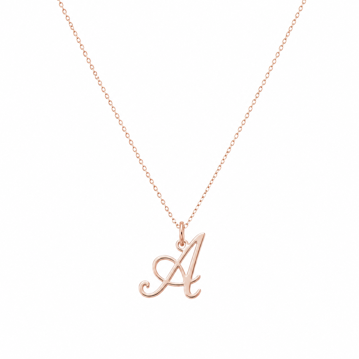 A delicate rose gold necklace featuring a cursive script letter 'A' pendant, displayed against a solid white background.