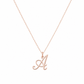 A delicate rose gold necklace featuring a cursive script letter 'A' pendant, displayed against a solid white background.