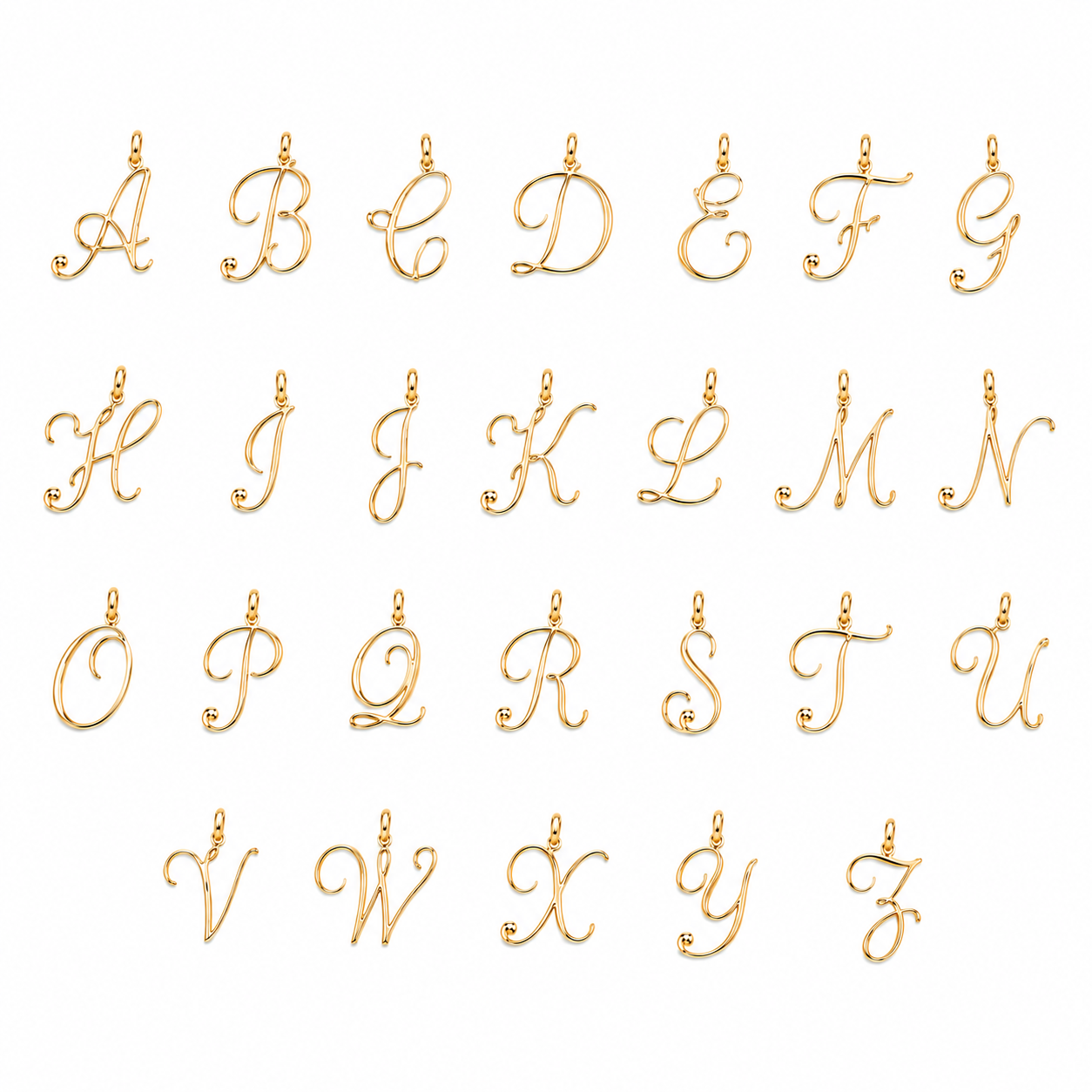 Twenty-four gold alphabet letter charms, arranged in a grid of four rows and six columns on a solid white background.