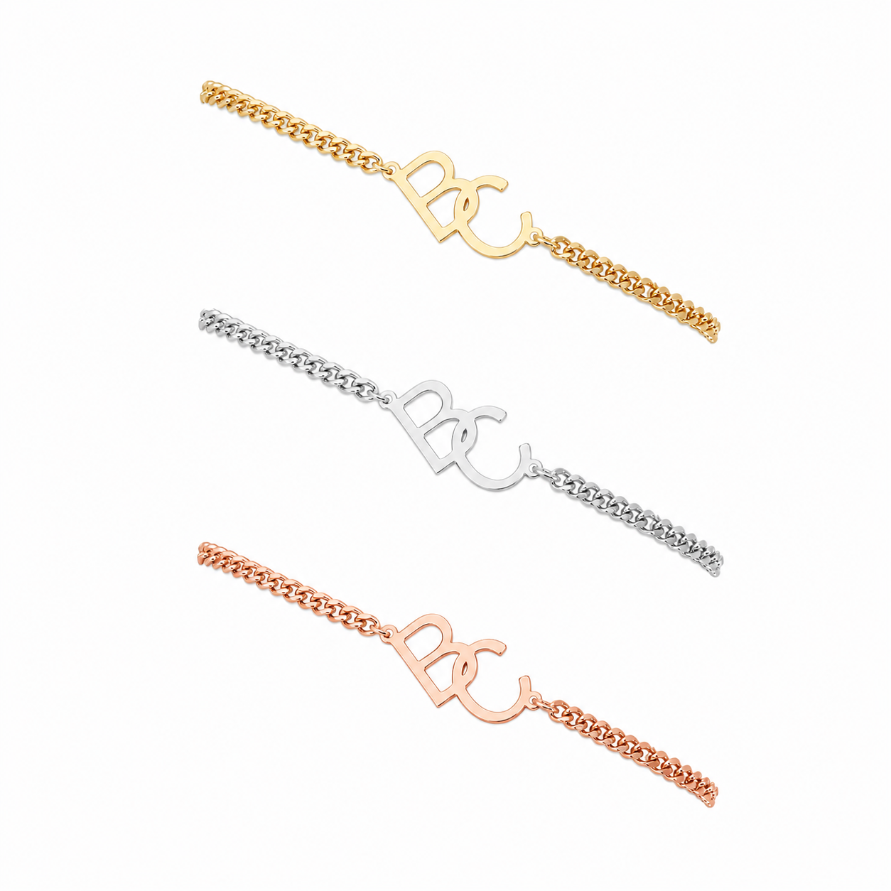Three personalized chain bracelets with a central 'BC' initial charm, shown in gold, silver, and rose gold tones on a plain white background.