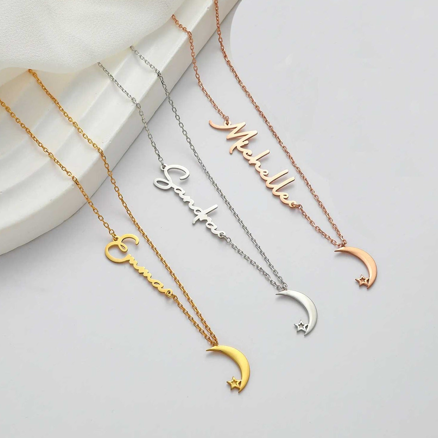 18 Carat Gold Crescent Moon Name Necklace - Personalized elegance meets celestial charm, symbolizing moonlit connections in the heart of the UAE."