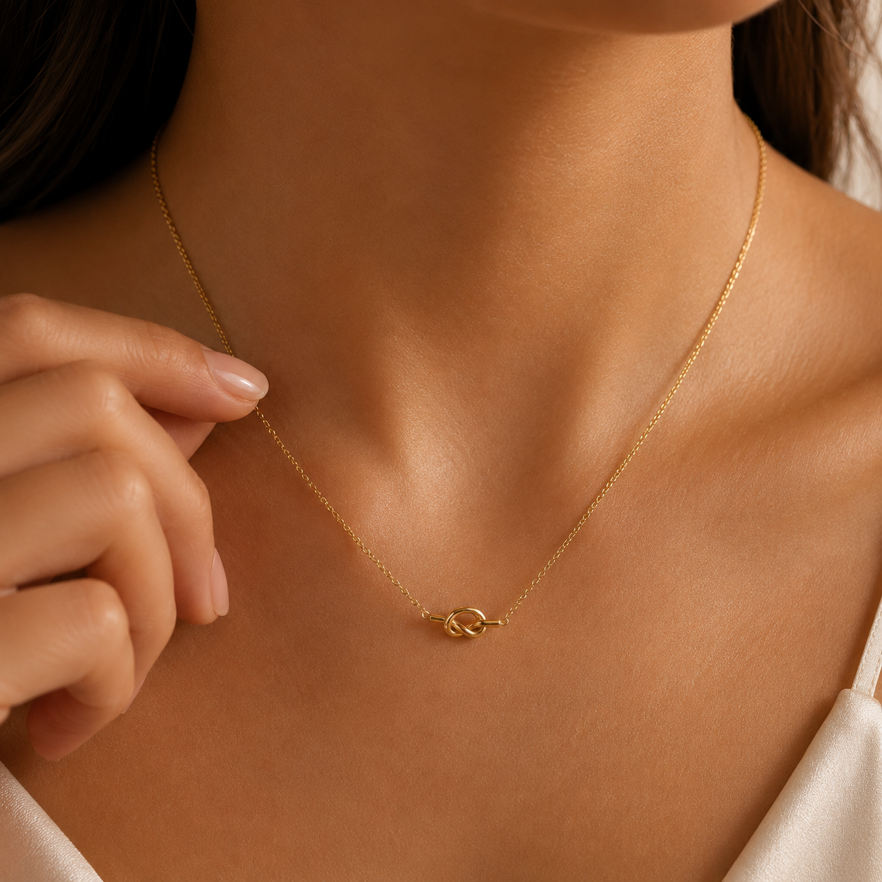 A delicate gold chain necklace with a small interlocking knot pendant, worn on a model's neck with a hand gently touching one side of the chain.