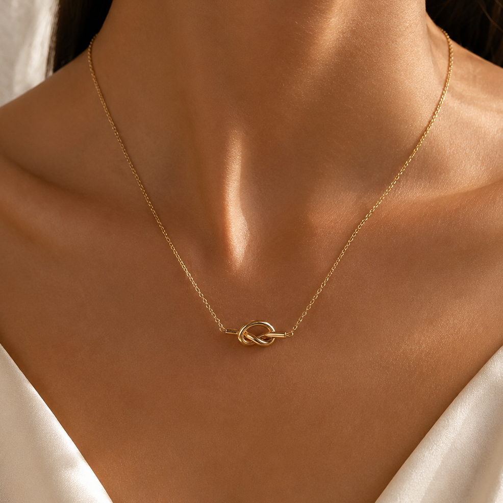 A delicate gold chain necklace with a small interlocking knot pendant, worn on a model's neck. The model is wearing a white satin top, and the background is a soft, warm-toned neutral wall with natural light shadows.