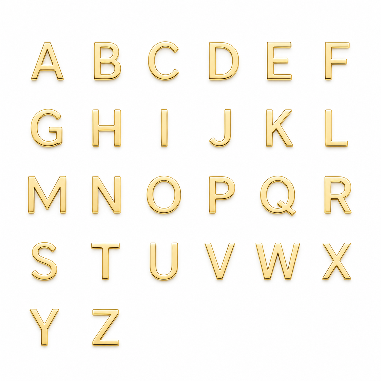 Gold alphabet letters from A to Z arranged in five rows on a plain white background.
