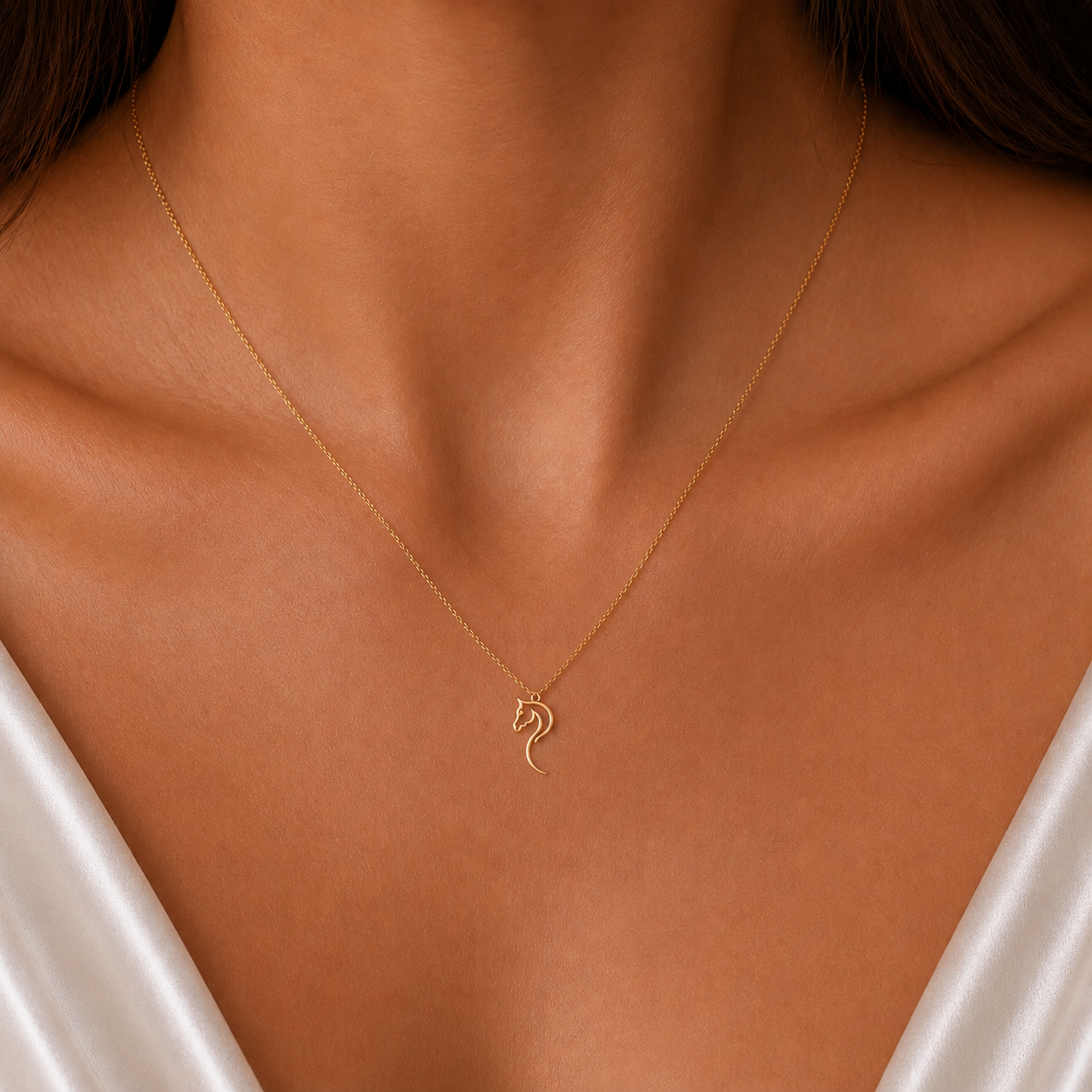 A delicate gold chain necklace with a small, stylized gold pendant worn on a model's neck, framed by her shoulders and a white satin top.
