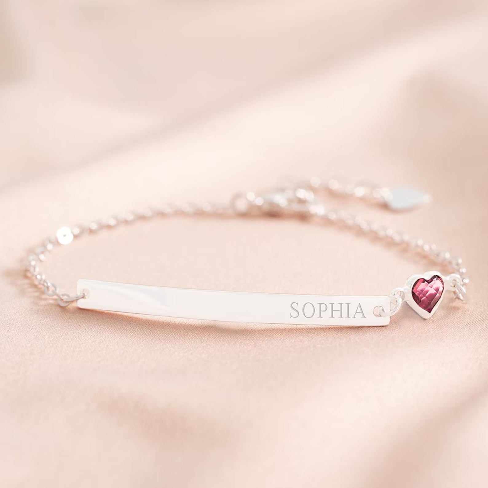 White gold name bracelet for women with birthstone