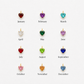 Twelve heart-shaped birthstones in different colors, arranged in a 3x4 grid on a light background, with labels for the months from January to December underneath each pendant.